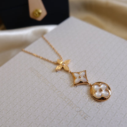[LUXORA]COLOR BLOSSOM LARIAT NECKLACE PINK GOLD WHITE MOTHER PEARL AND DIAMOND