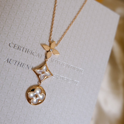 [LUXORA]COLOR BLOSSOM LARIAT NECKLACE PINK GOLD WHITE MOTHER PEARL AND DIAMOND