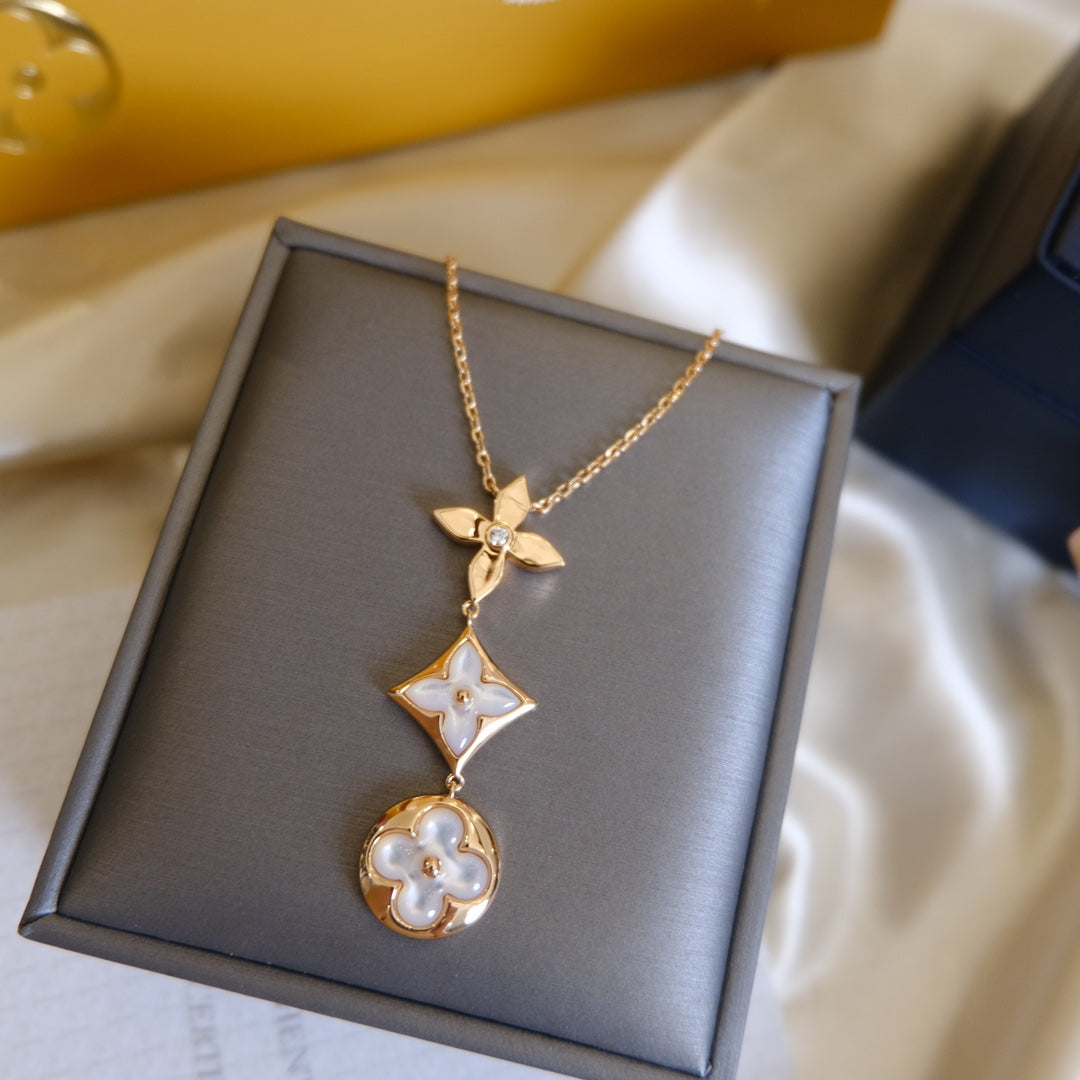 [LUXORA]COLOR BLOSSOM LARIAT NECKLACE PINK GOLD WHITE MOTHER PEARL AND DIAMOND