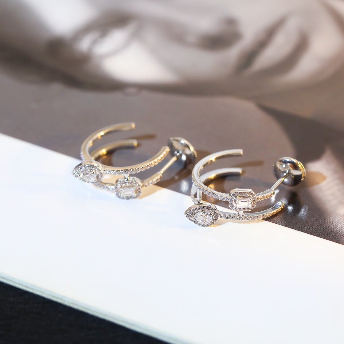[LUXORA]CREOLES MY TWIN 2 RANGS SILVER DIAMOND EARRINGS