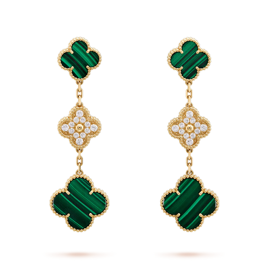 [LUXORA]CLOVER EARRINGS GOLD MALACHITE DIAMOND 3 MOTIF