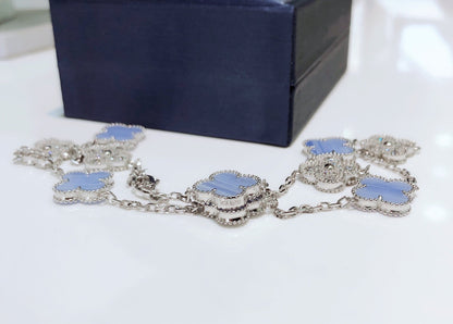 [LUXORA]CLOVER 10 MOTIFS CHALCEDONY DIAMONDS SILVER NECKLACE