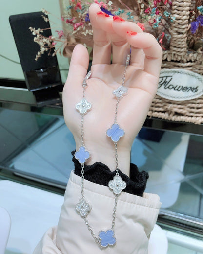 [LUXORA]CLOVER 10 MOTIFS CHALCEDONY DIAMONDS SILVER NECKLACE
